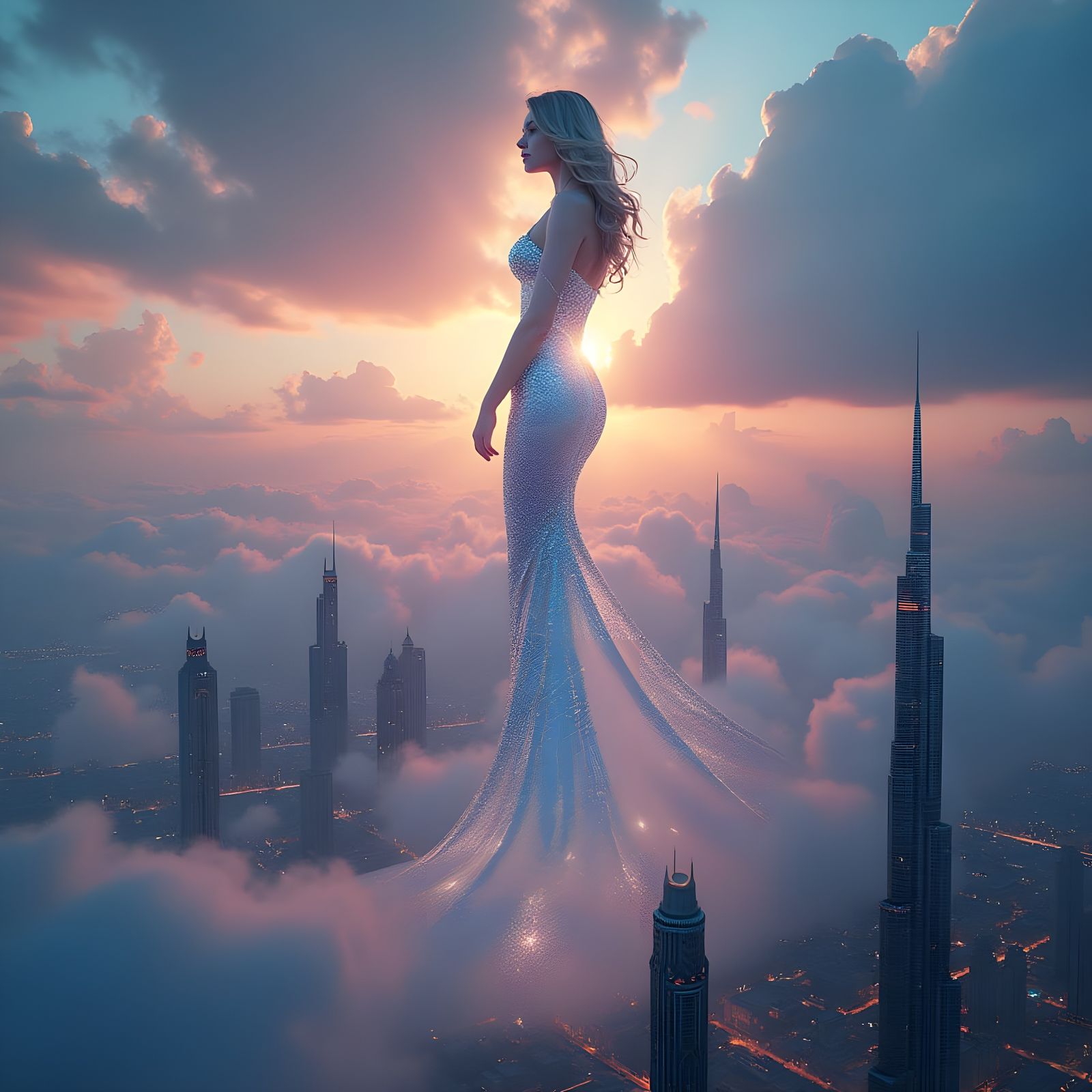 Fantasy Cityscape with Majestic Diamond-Wrapped Woman