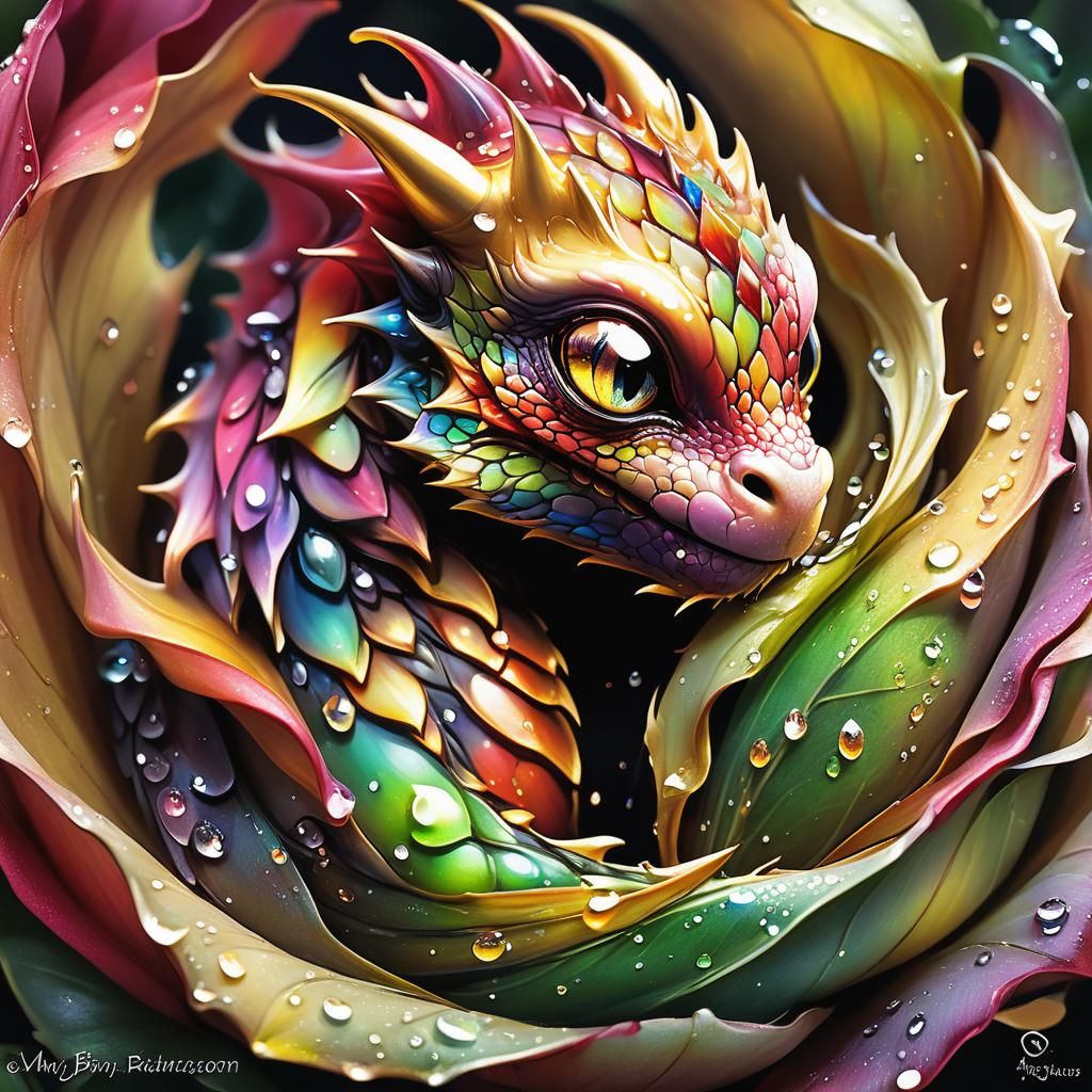 Whimsical Fantasy Baby Dragon in Moonlit Garden