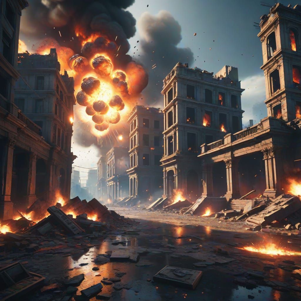 Epic Cityscape in Flames, Detailed 3D Game Art