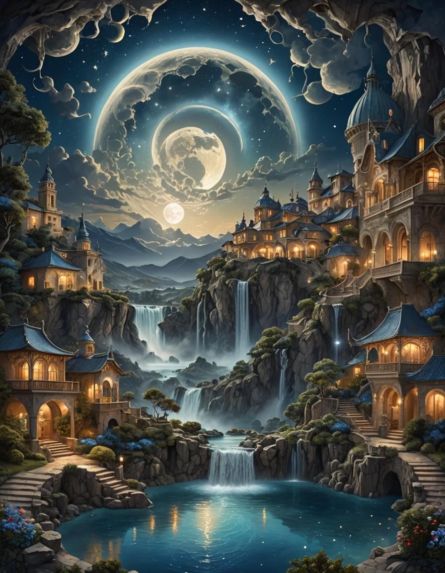 Surreal Moonlit City with Opal Waterfall