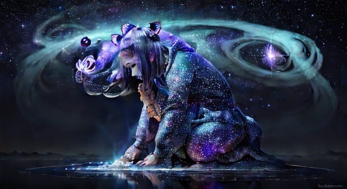 Surreal Hippopotamus Monk Meditating in Cosmic Void