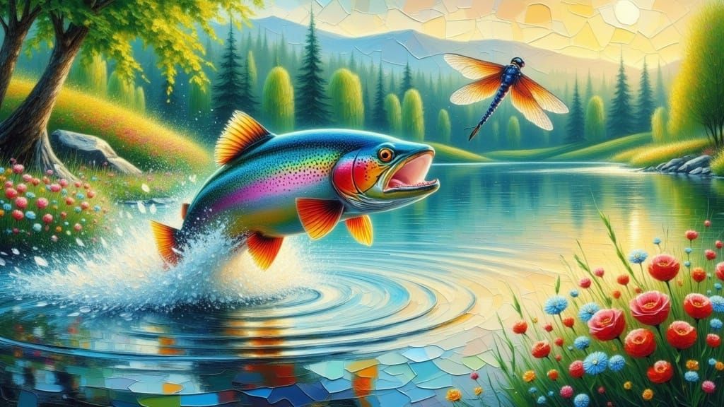 Rainbow Trout Leaps at Sunrise, Watercolor Painting