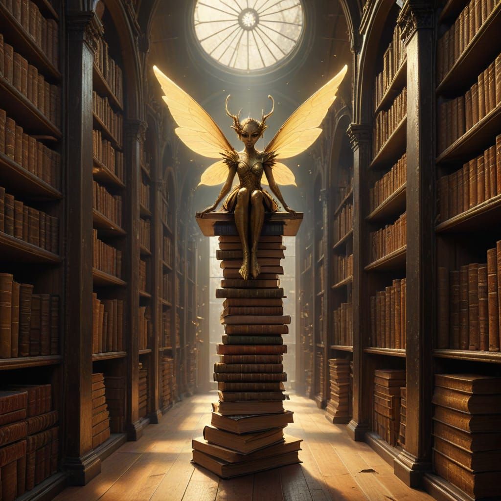 Winged Sprite Organizes Flying Books in Antique Library