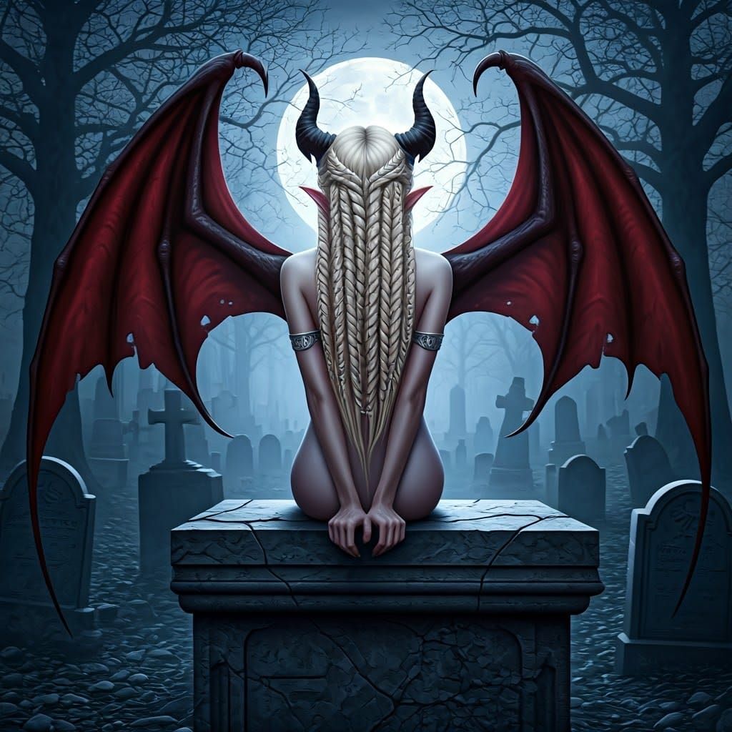 Demon with Braids and Horns in Cemetery, Surreal Art