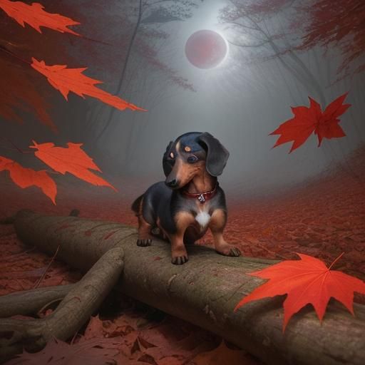 Dachshund and Raccoon Under Blood Moon