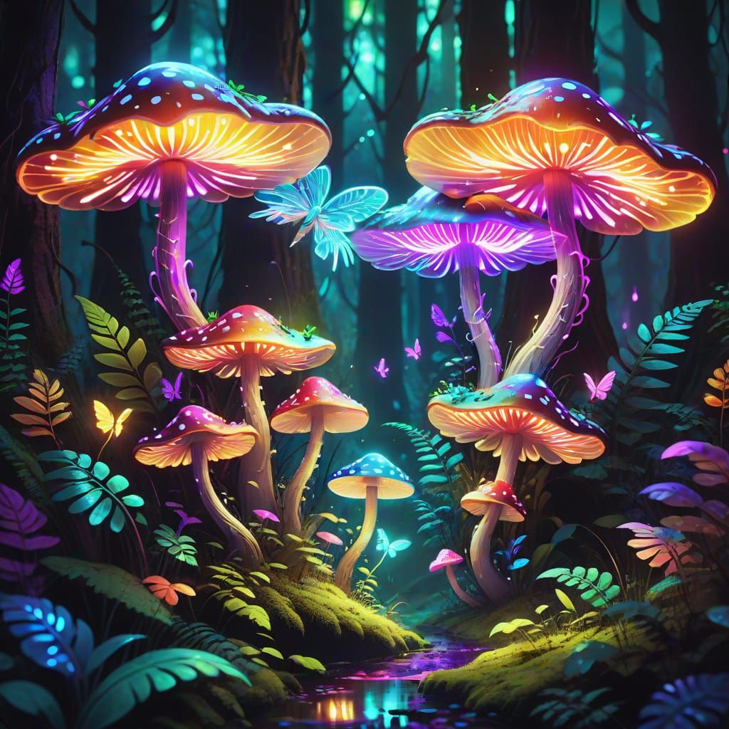 Glowing Mushrooms in Vibrant Neon Art