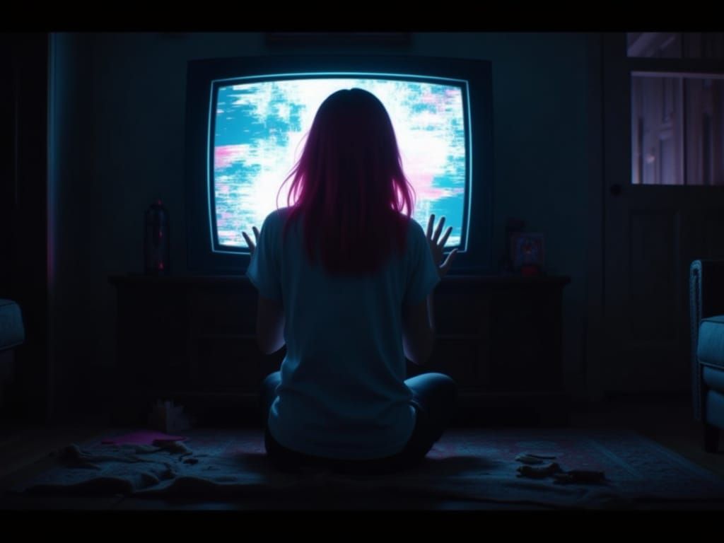 Haunted Girl Reaches for Static TV in Dark Room