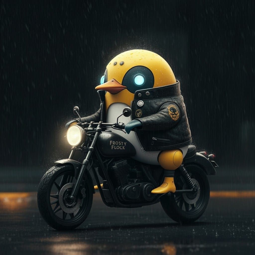 Hyper-Realistic Robot Penguin Rides Motorcycle Down Rainy St...