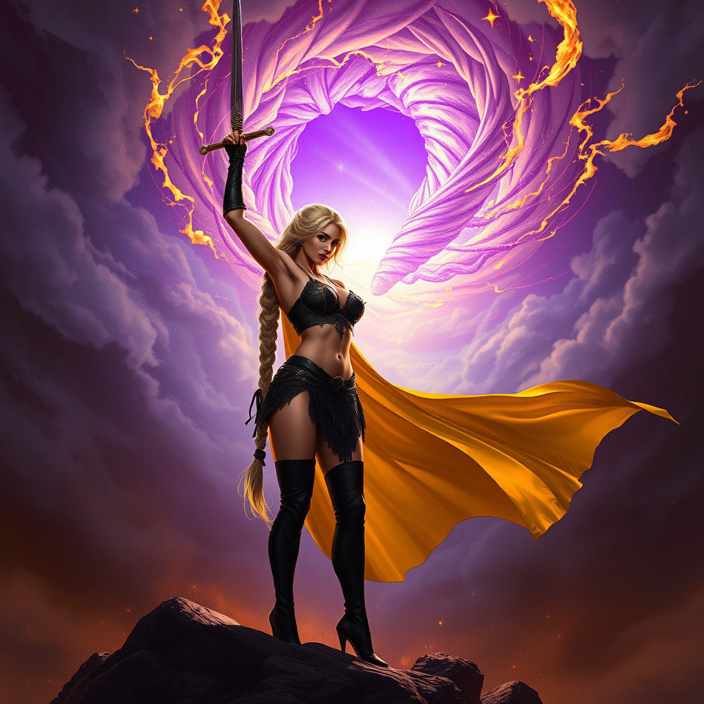 Powerful Female Warrior with Mystical Sword and Portal