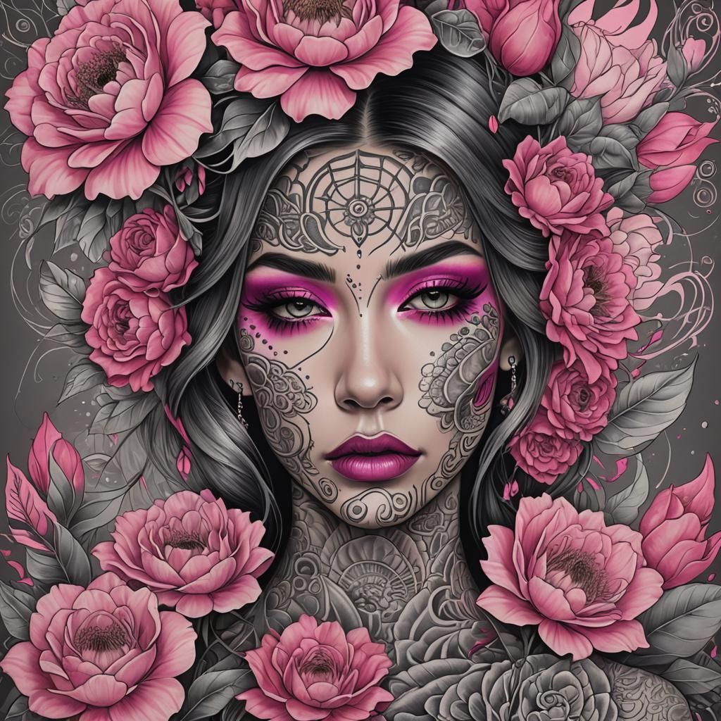 Visualize a pink grey double exposure closed eyes a beautiful woman heavily tattooed heavy eye makeup pouty full lips vi...