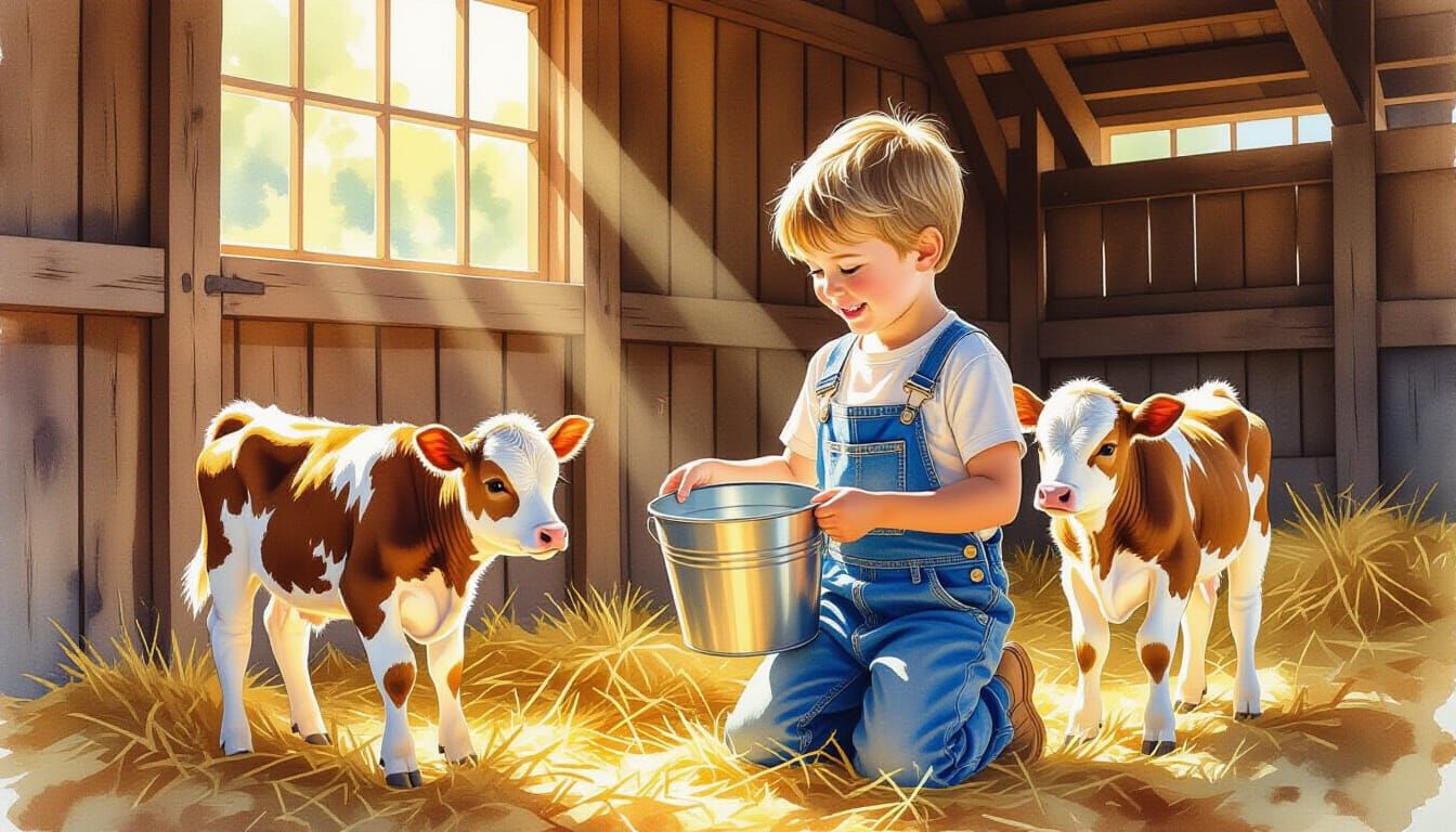 Boy Feeding Calves in Sunlit Barn - Alcohol Ink & Watercolor
