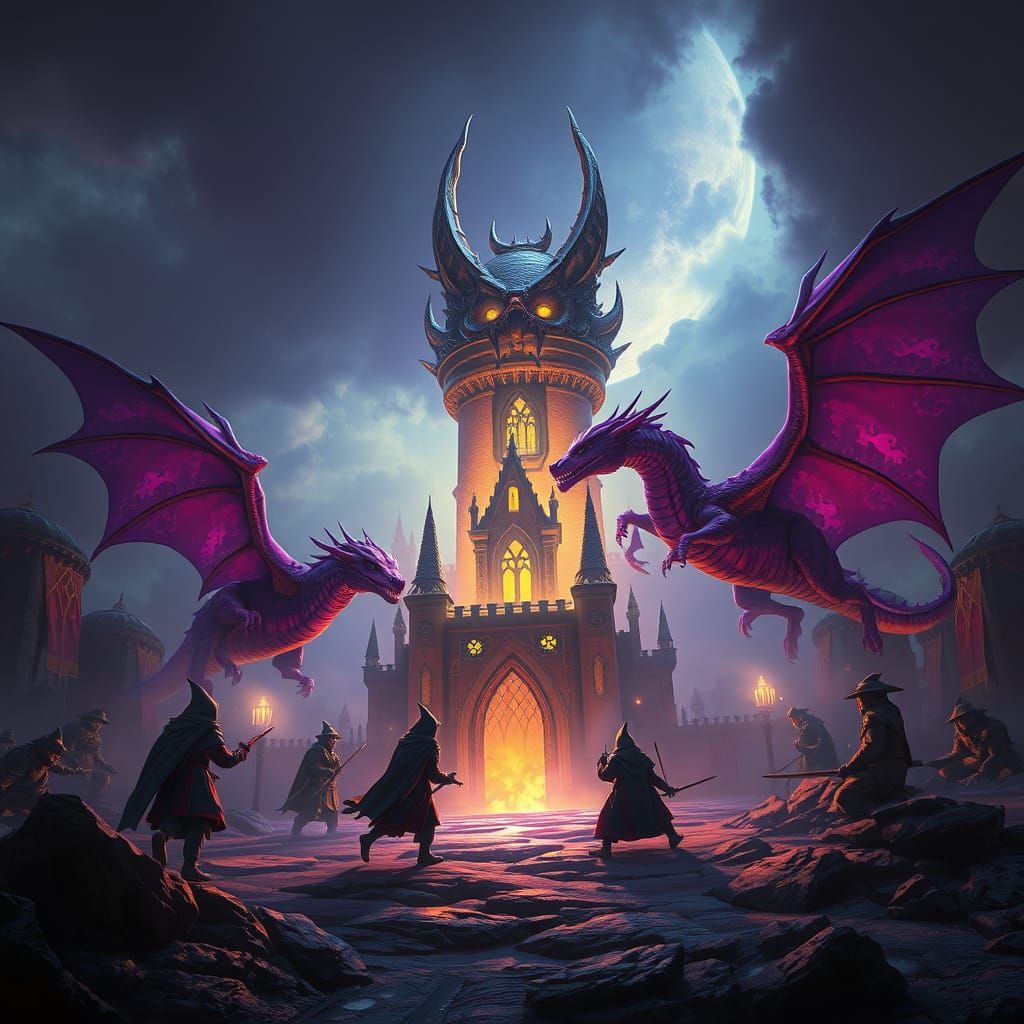 Dark Fantasy Castle Siege Art in Cyberpunk Style