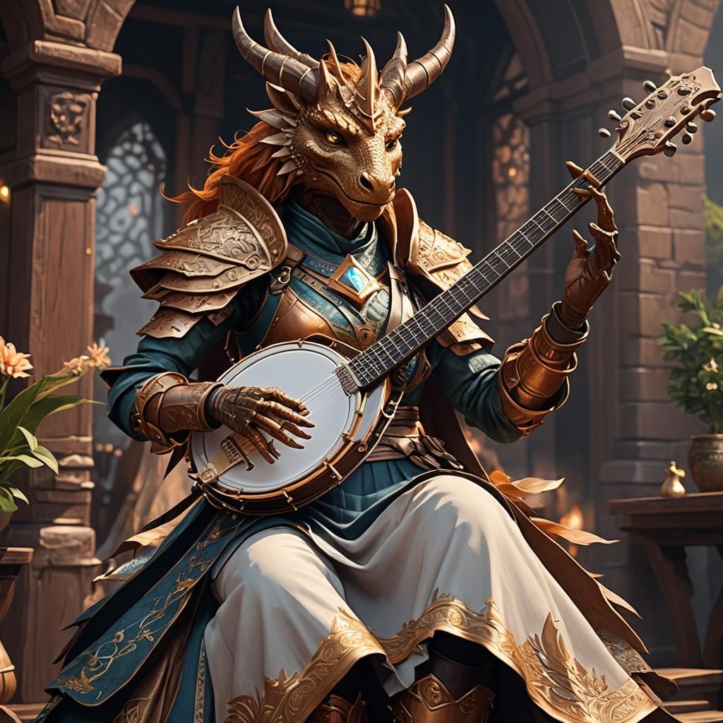 Copper Dragonborn Woman Playing Banjo in Anime Art
