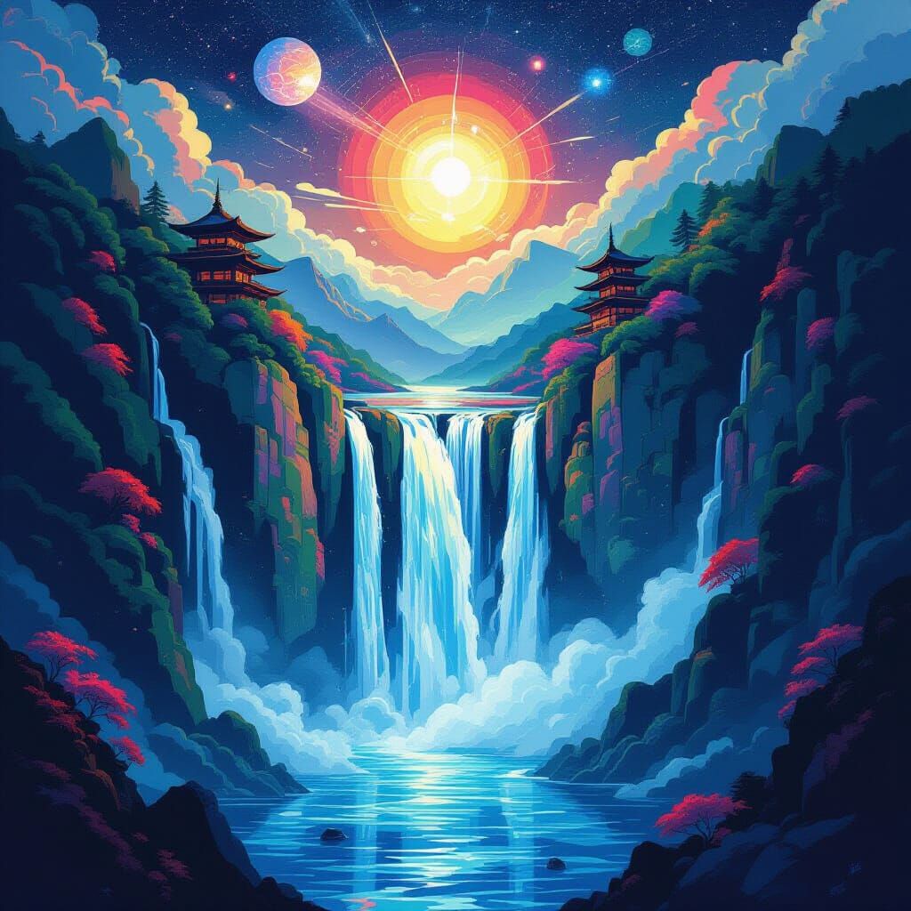 Cubist Ukiyo-e: Reverse Waterfall Ascends from Ocean to Star...