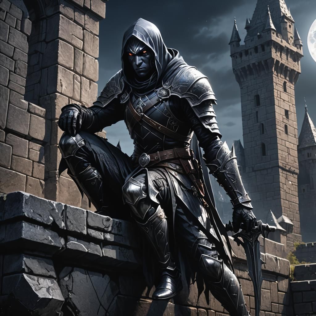 Drow Assassin on Castle Wall in Dark Fantasy Style