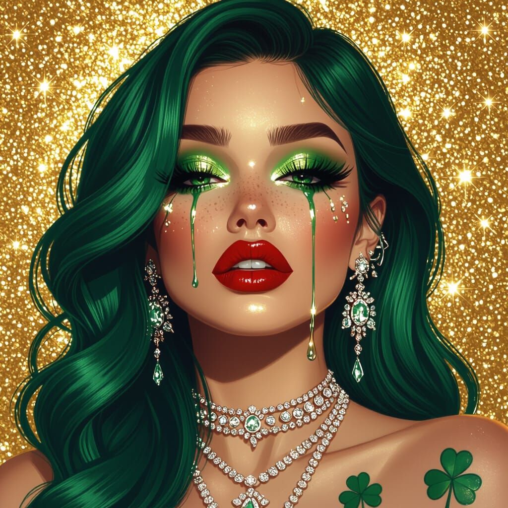 Emerald Beauty with Gold Glitter, in Digital Art Style