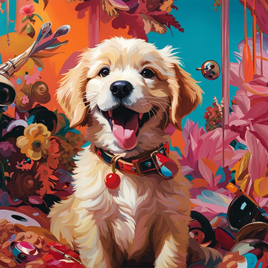 Expressive Portrait of a Happy Puppy in Funk Art Style