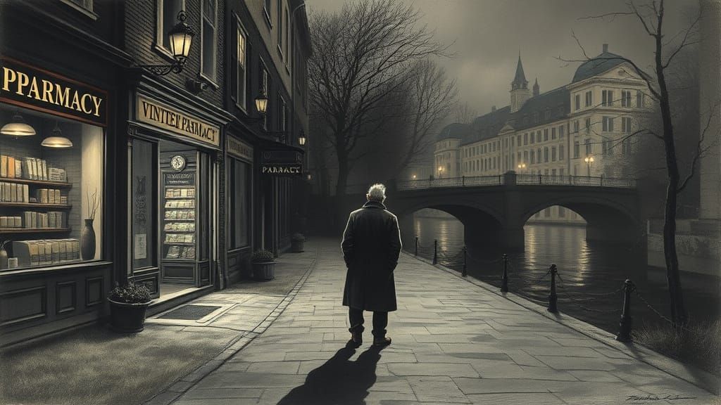 Desolate Street Scene with Pharmacy, Charcoal Drawing