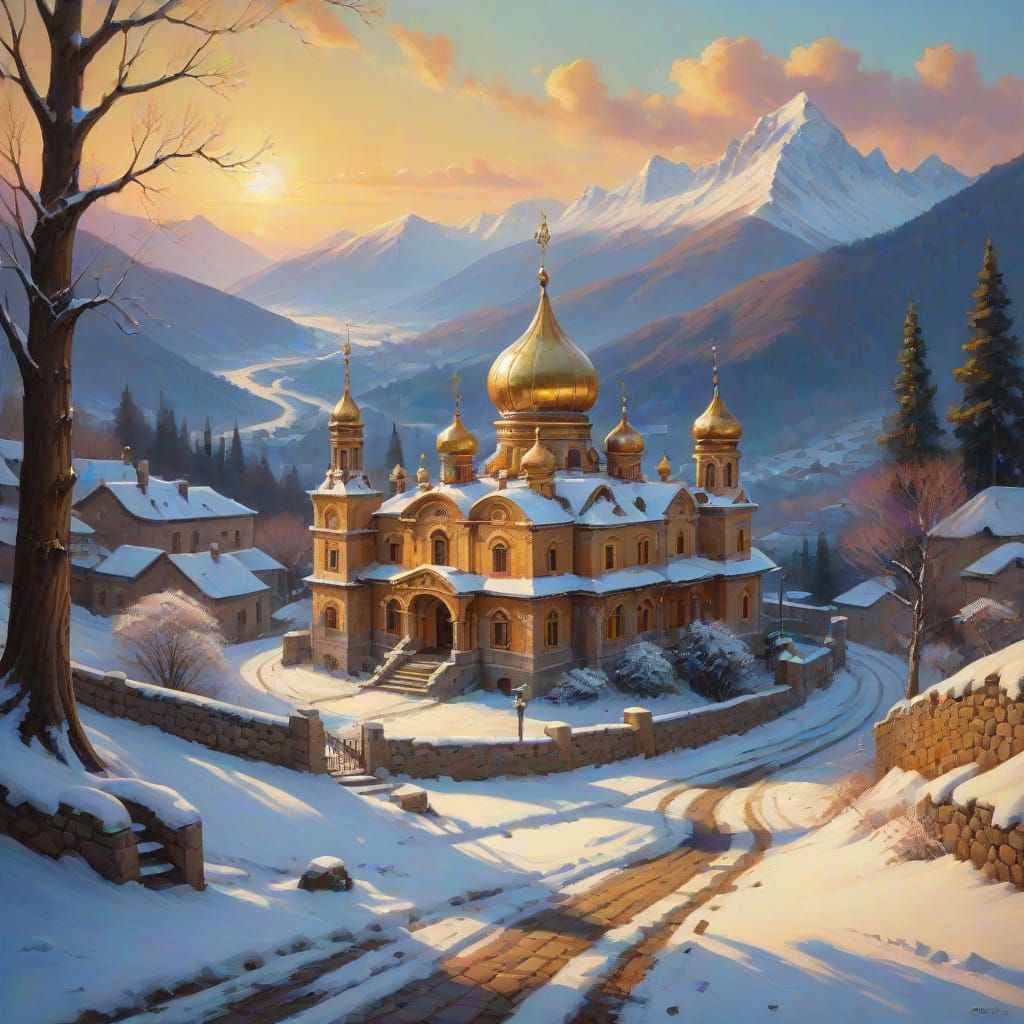 Fantasy Palace Sunset in Oil Painting Style