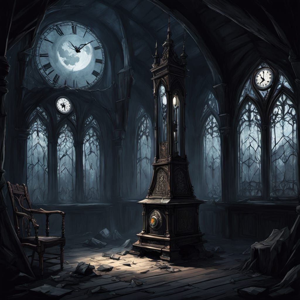 Gothic Clock in Dusty Attic by Moonlight
