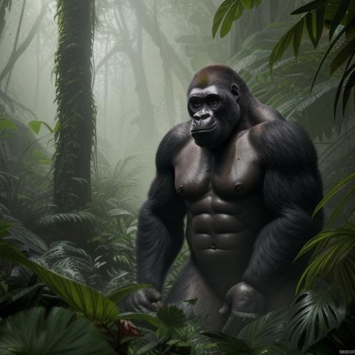 Gorilla in the rainforest mist