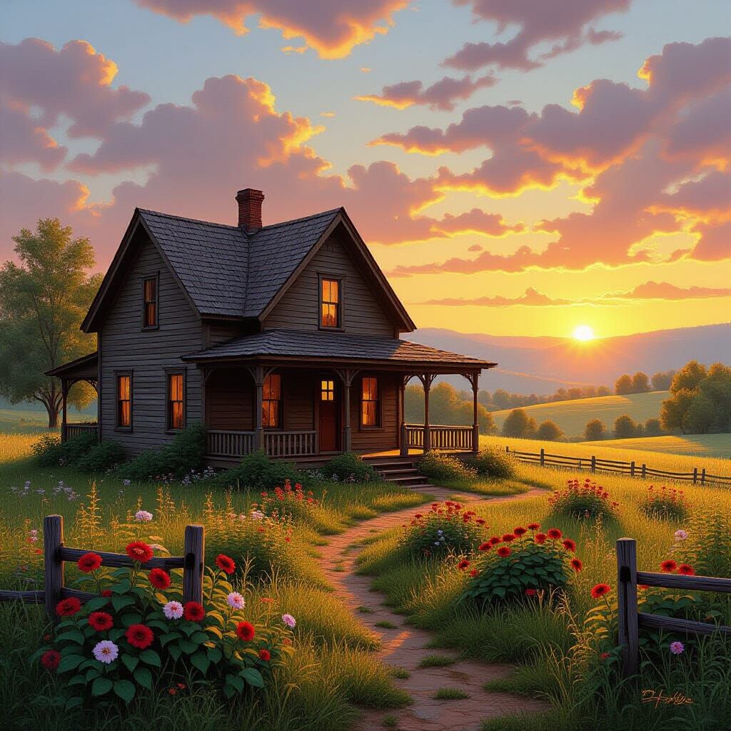Rustic Wooden House with Sunset in Whimsical Style
