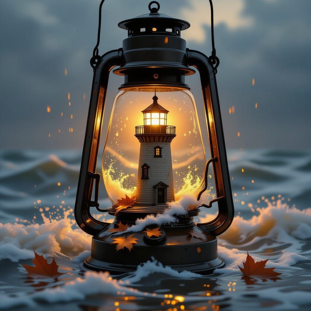 Lighthouse in Stormy Seas Inside Vintage Oil Lamp