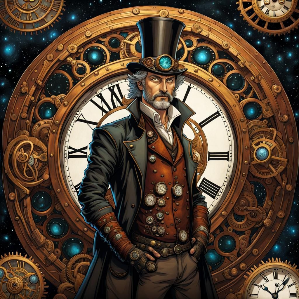 Steampunk Wizard with Cosmic Background in Chris Riddell Sty...