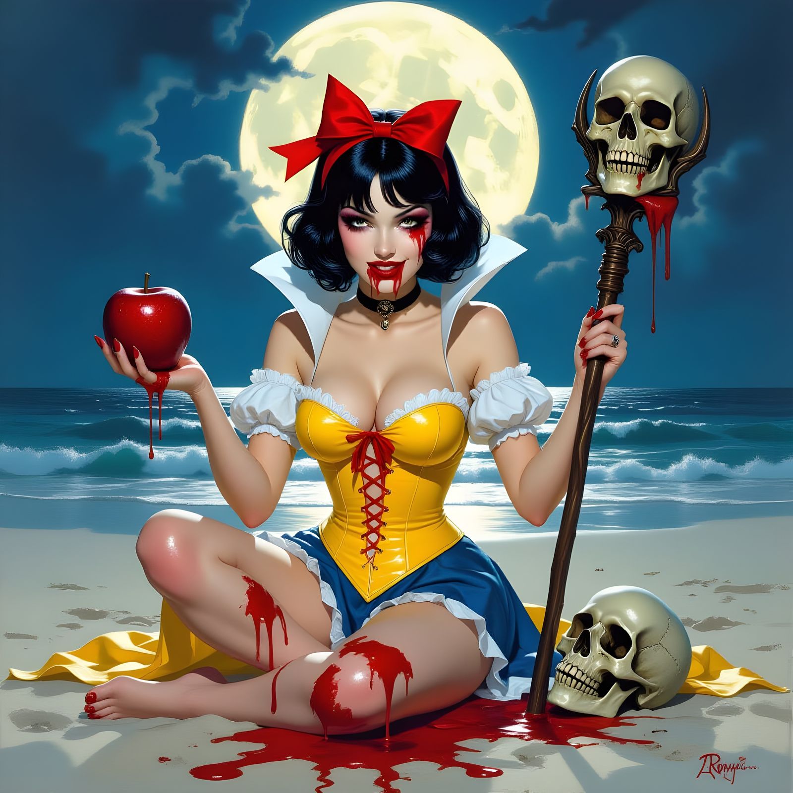 Dark Fantasy Snow White on Moonlit Beach