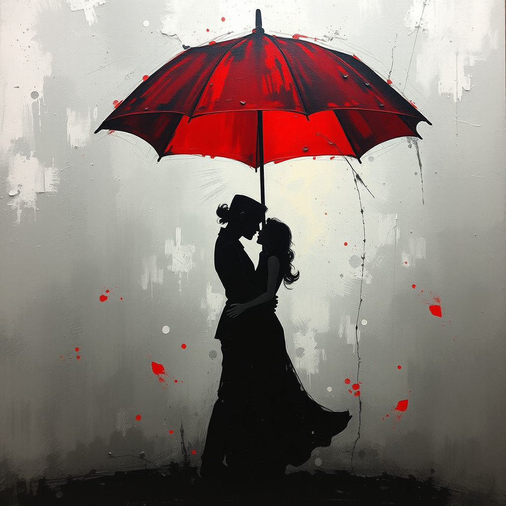 Passionate Lovers Under Red Umbrella in Impasto Style