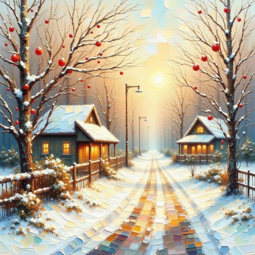 Impasto Christmas Scene with Mistletoe and Snow