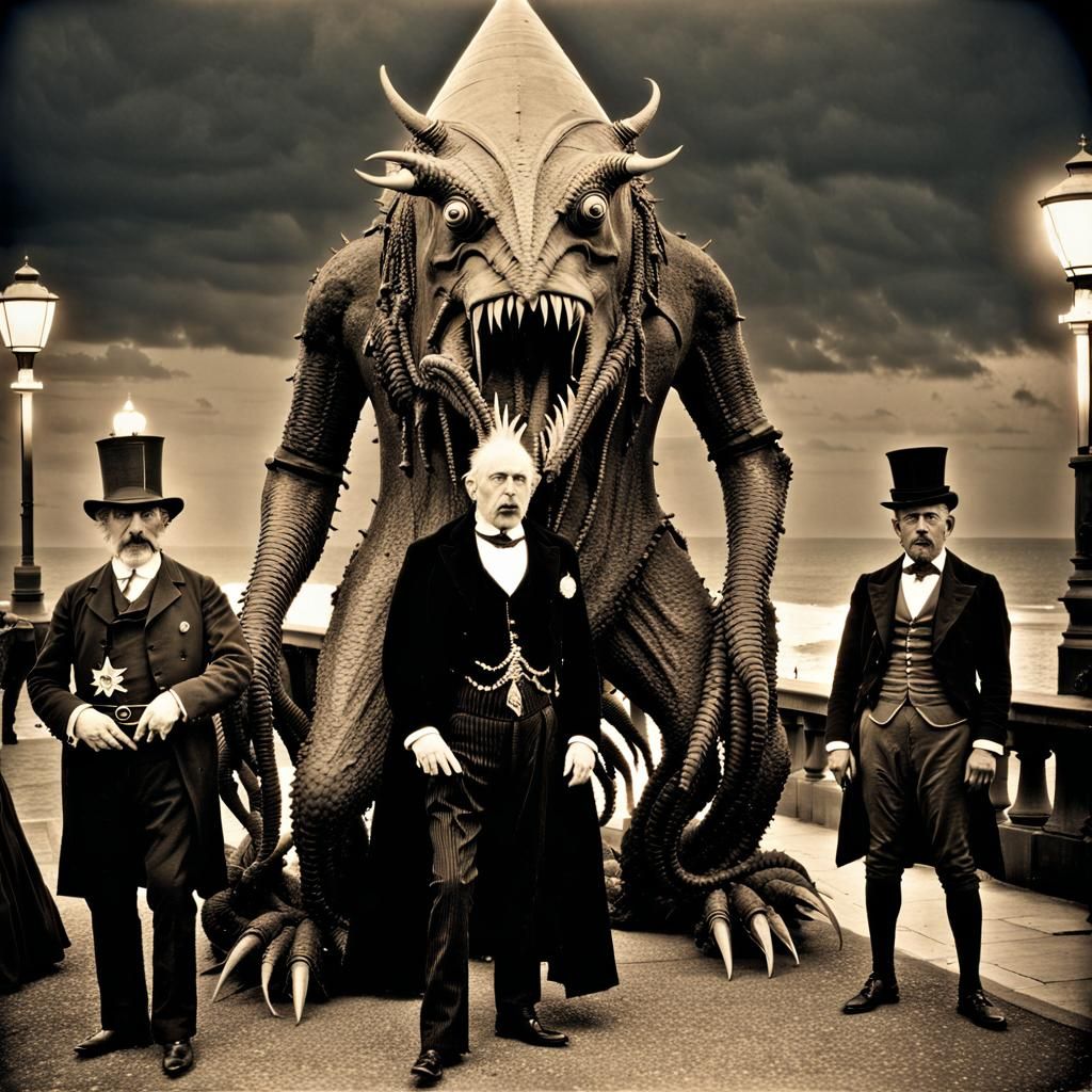 Lovecraftian Monster on Brighton Seafront, Sepia Photograph