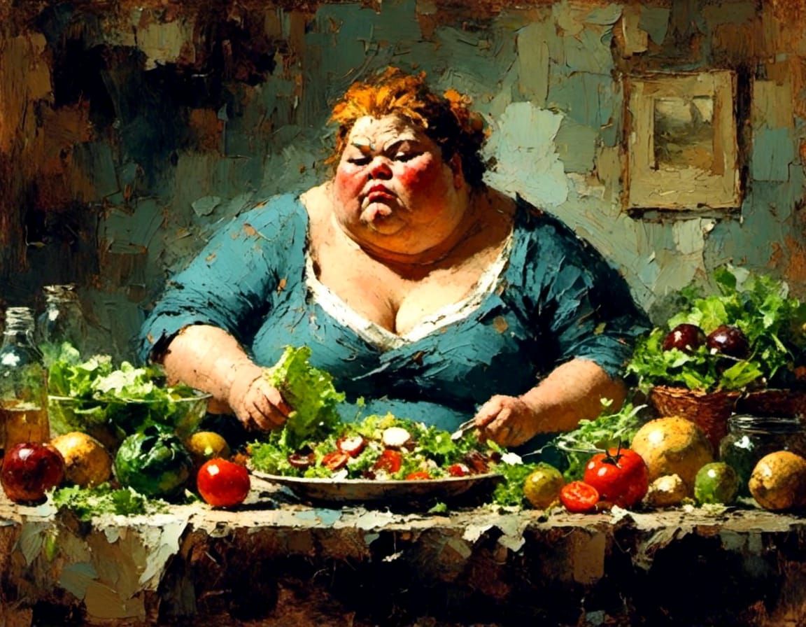 miserable fat lady, picking at a salad