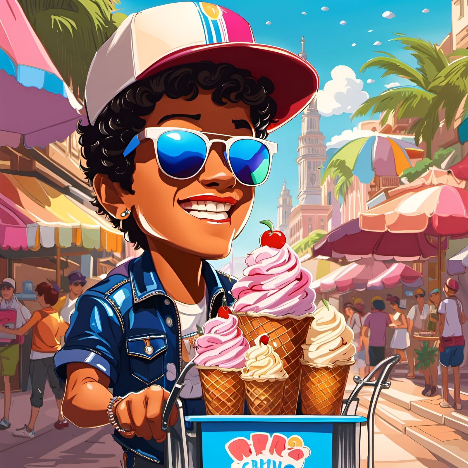 Bruno Mars Cartoon Selling Ice Cream, Anime Style