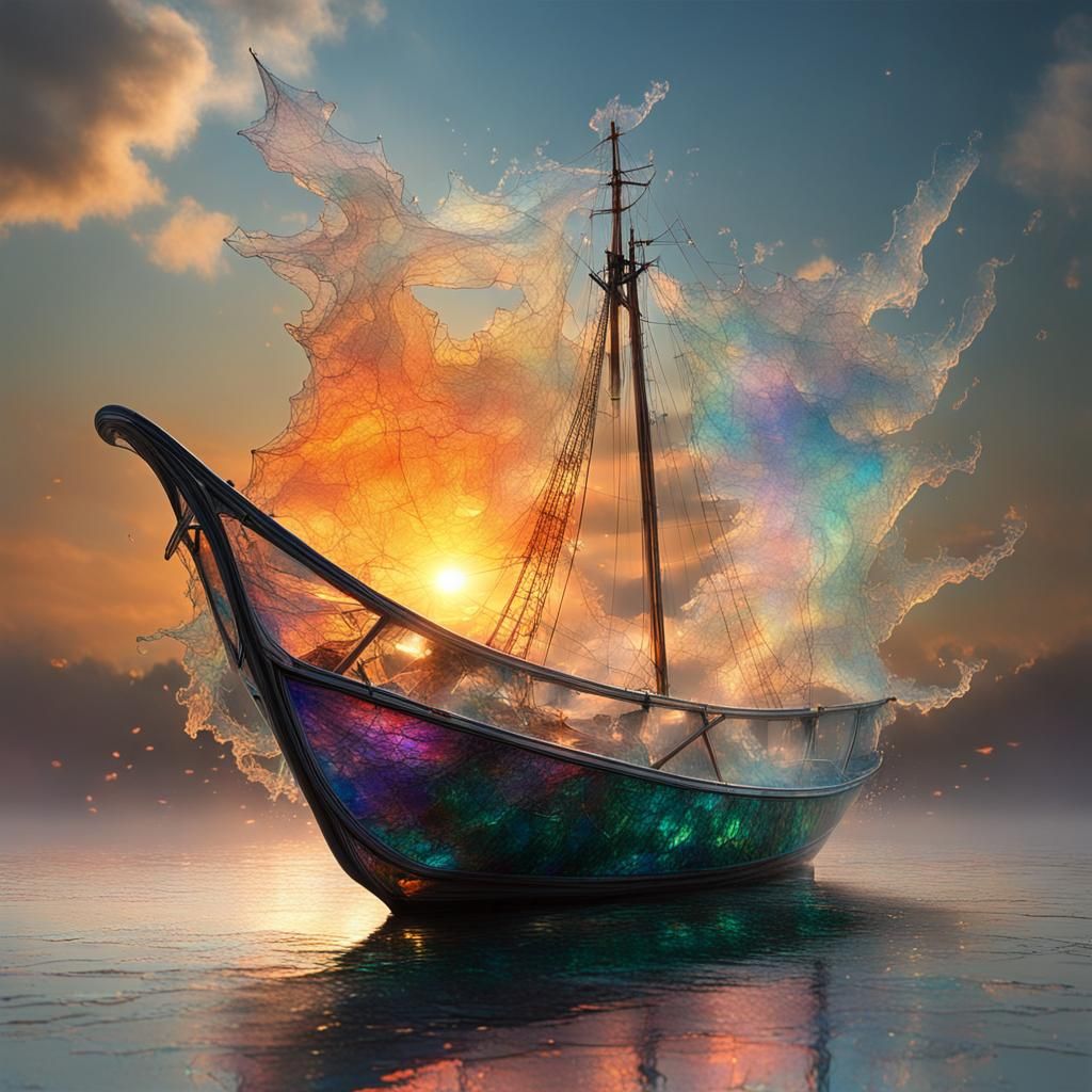 Ethereal Glass Boat Shattered with Sunset Light
