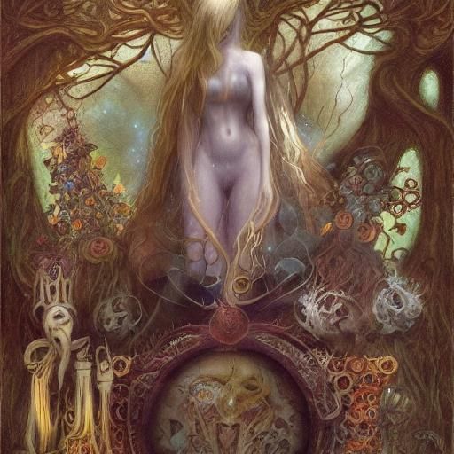 Ornate Tarot Deck on Ancient Table, Brom Style