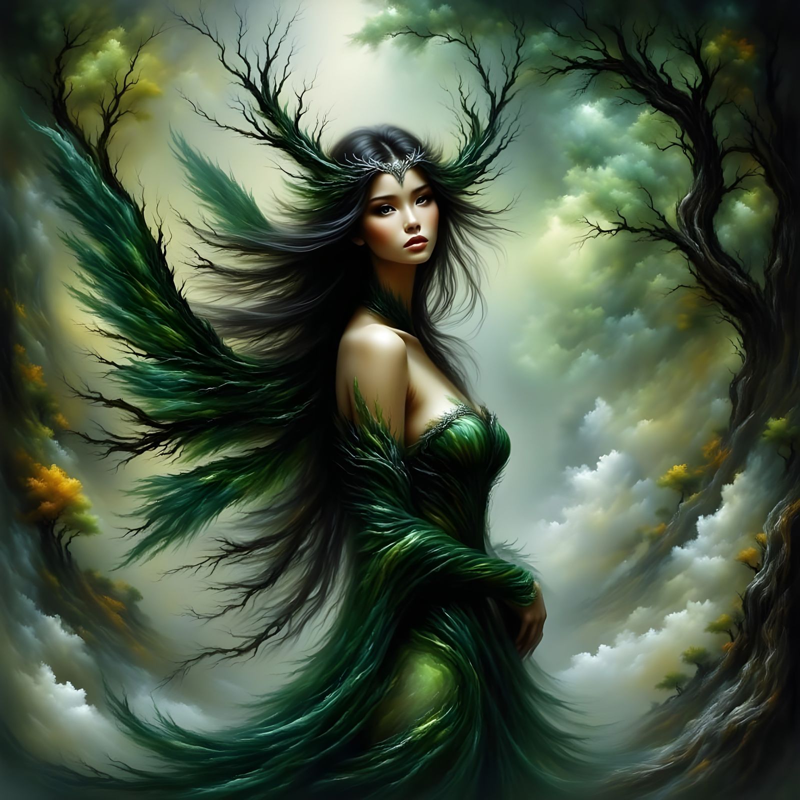 Ethereal Faerie Queen in Emerald and Silver Regalia