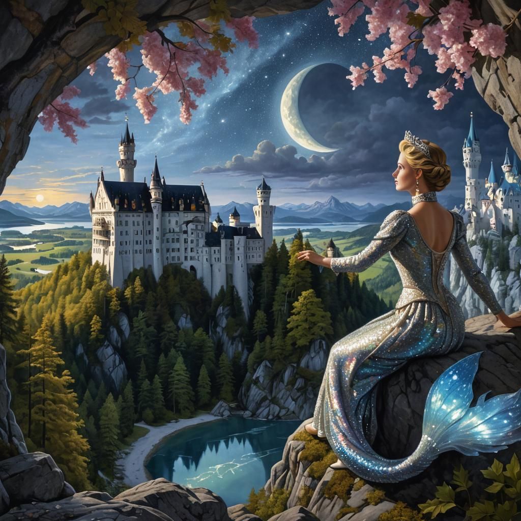 Neuschwanstein Castle Princess with Flowing Tail