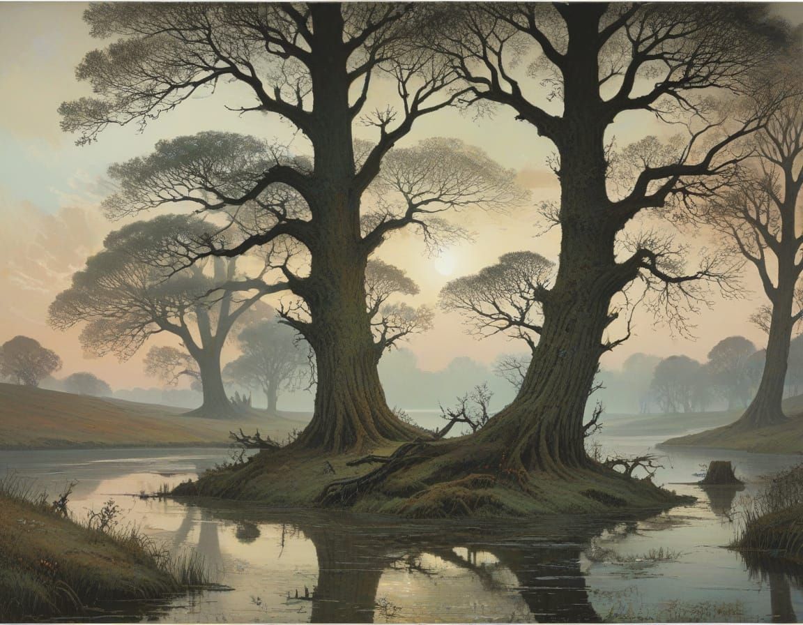 Mysterious Lake Landscape at Dusk in a Surrealist Style