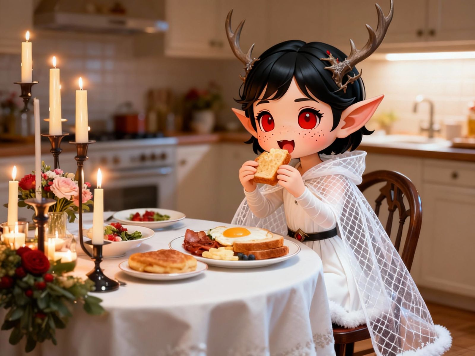 Chibi Elf Maiden Enjoys Winter Breakfast Feast