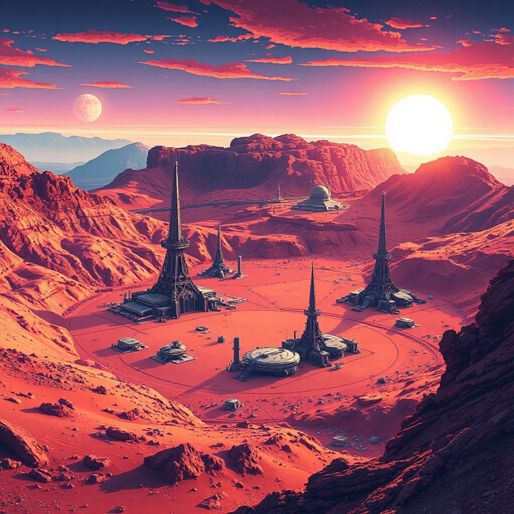 Pixel Art Martian Cityscape in Vibrant 8-Bit Style