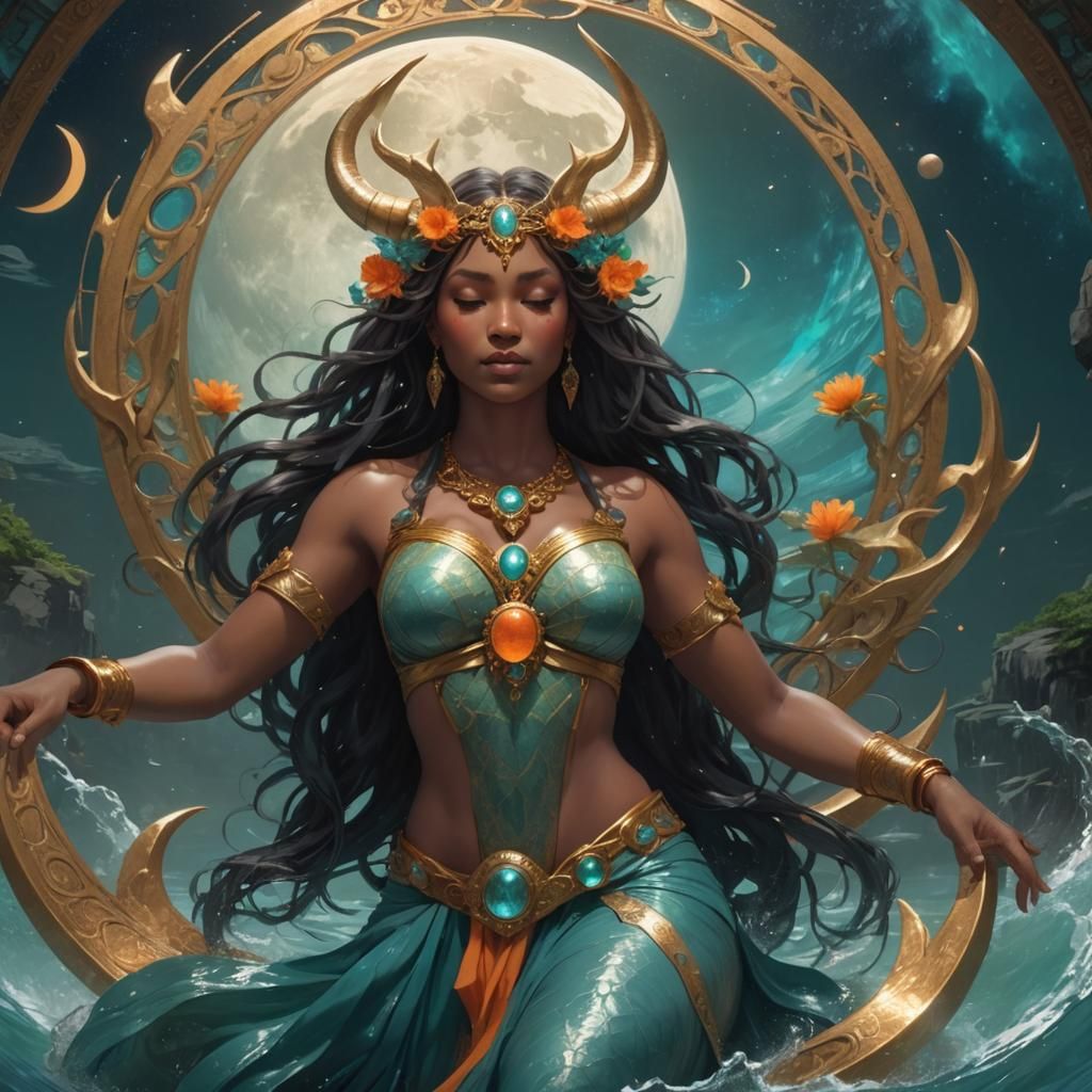 Nabia: Horned Goddess of Moon and Water in Art Nouveau Style