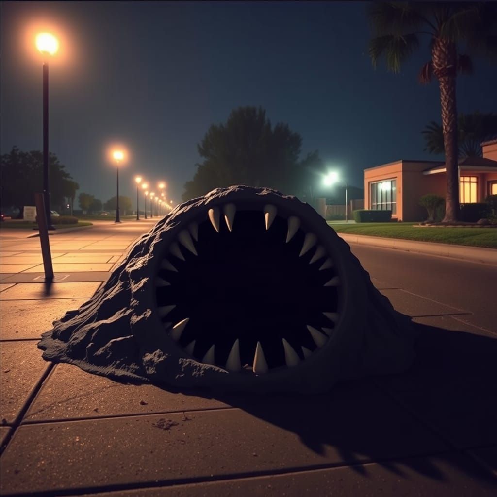 Surreal Moonlit Scene of a Sarlacc Pit on a Dark Sidewalk