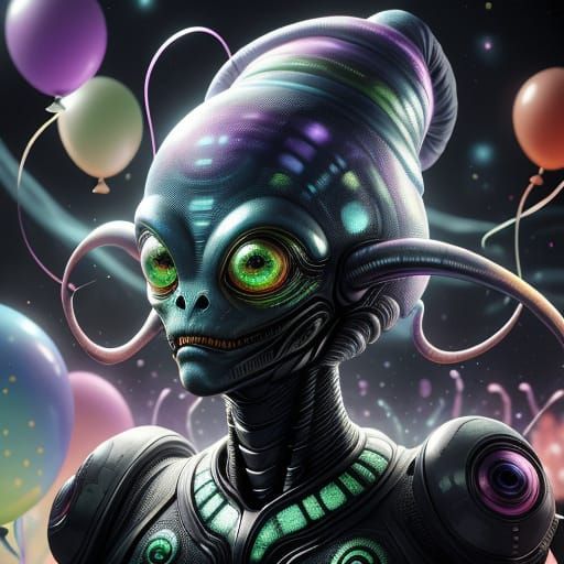 Friendly Alien in Party Hat with Bokeh Background