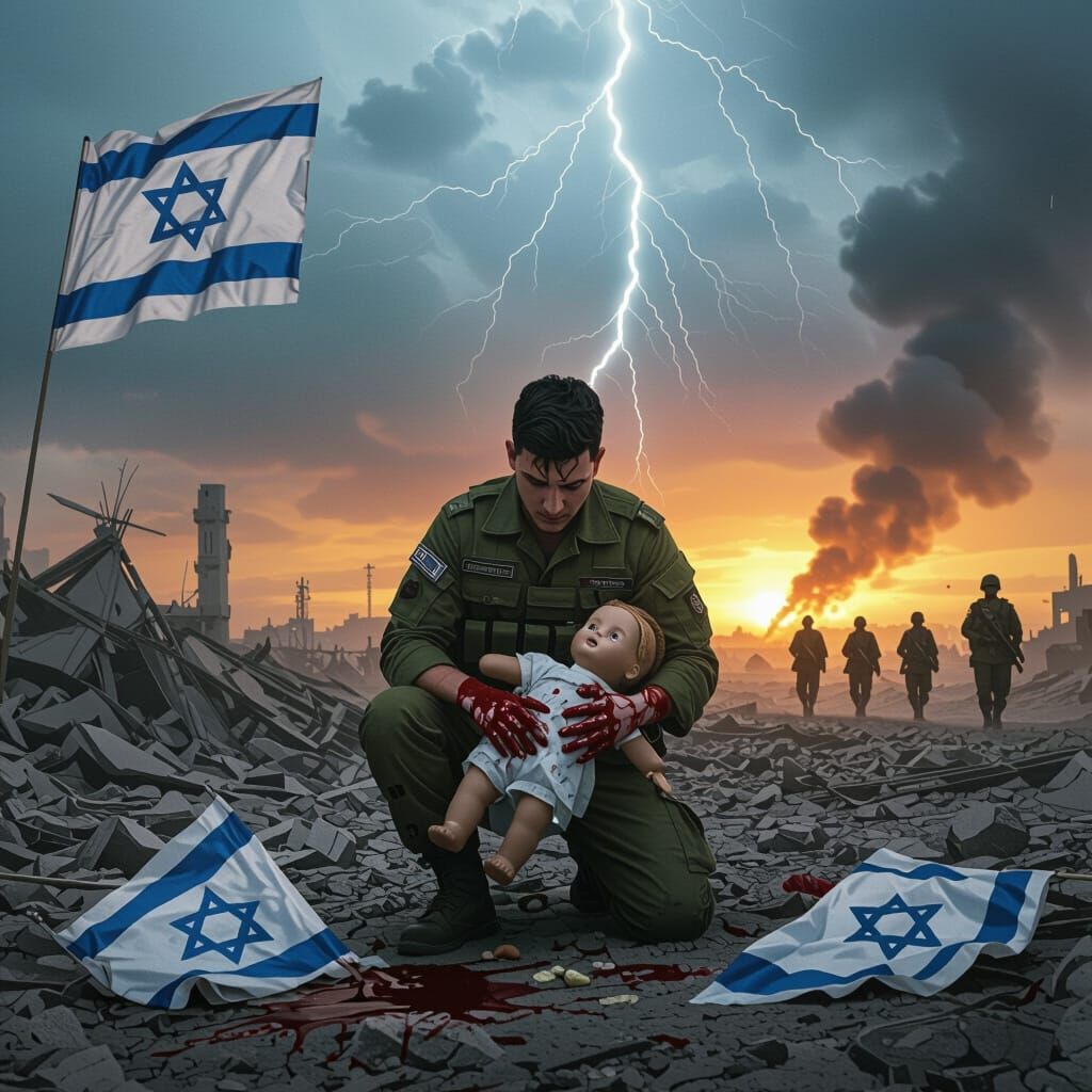 Israeli Soldier in Ruins: Hyper-Realistic Cinematic Scene