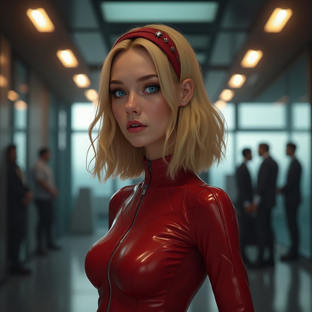 Modern Spy HQ with Agent Clover Ewing in Red Catsuit