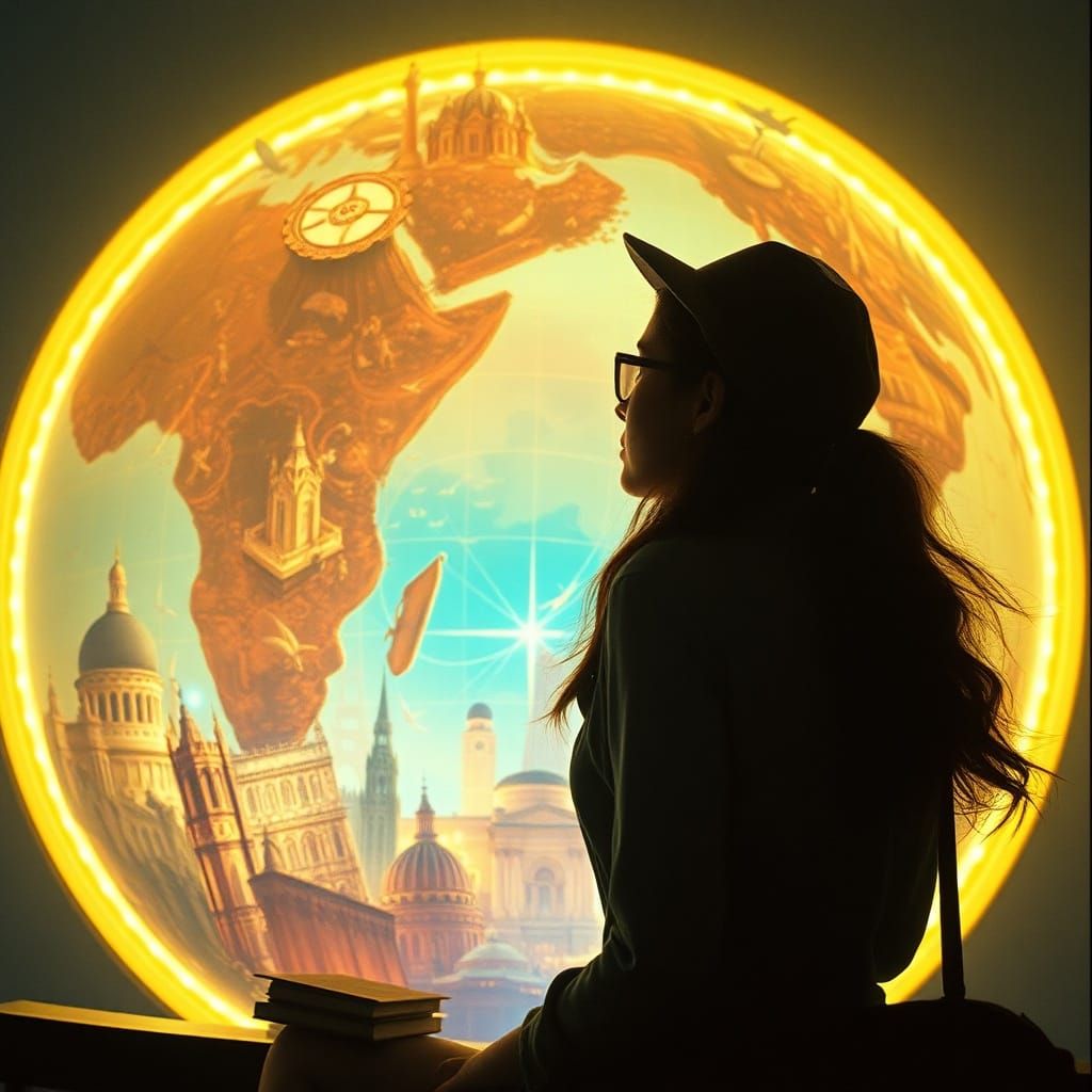 Woman Explorer Inside Glowing Globe in Digital Art Style