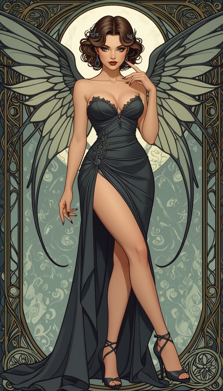 Elegant Pixie with Angel Wings in Art Nouveau Style