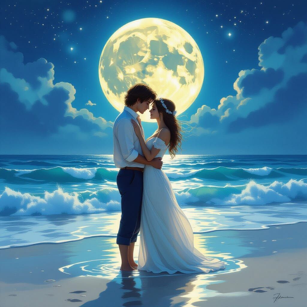 Lovers Embrace on Moonlit Beach in Ethereal Digital Painting
