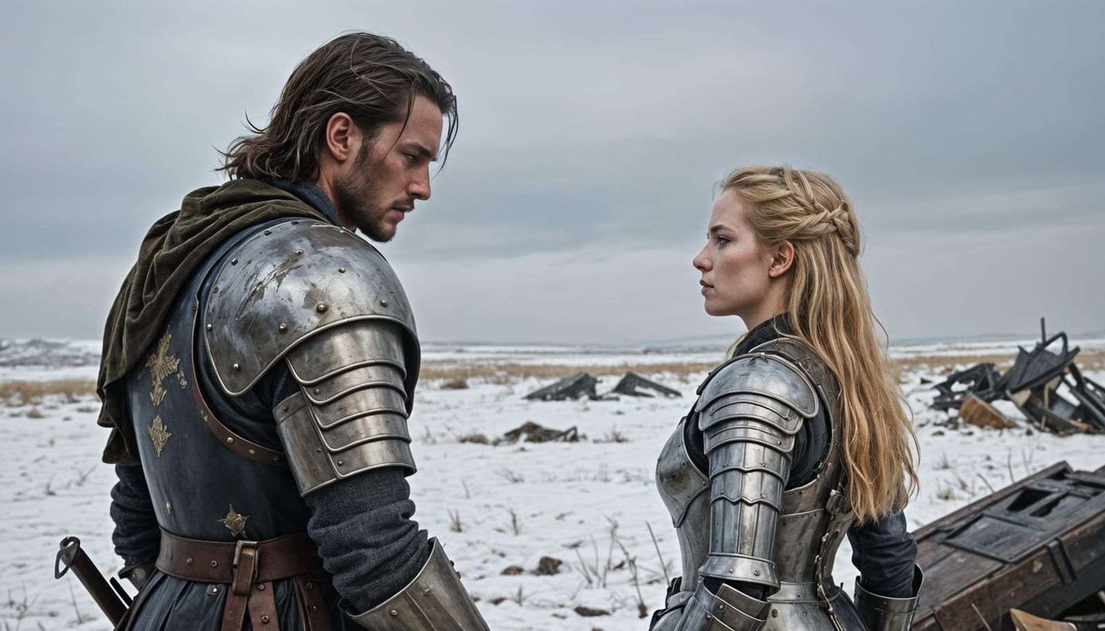 A Medieval Knight and Maiden in a Winter Battlefield